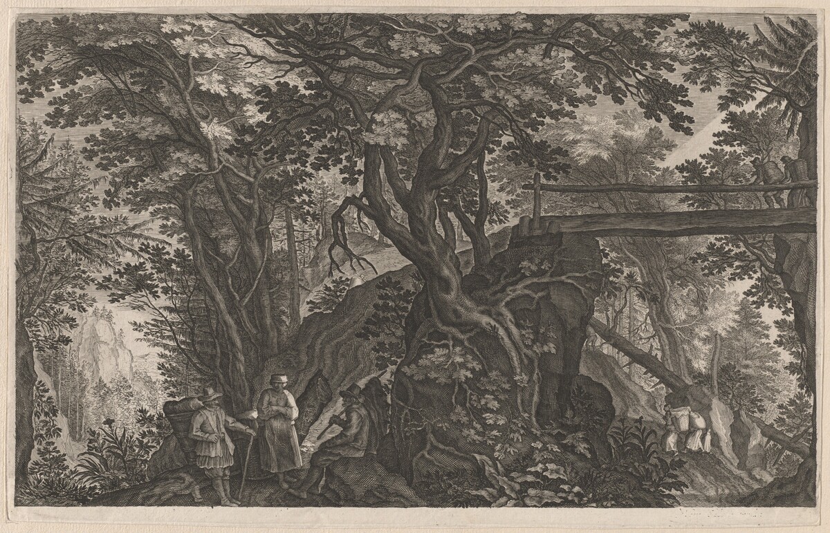 Travelers Resting in a Mountain Forest by a Log Bridge by Aegidius Sadeler II after Pieter Stevens