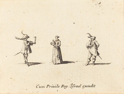 Lady with Wine Bottle, and Two Gentlemen