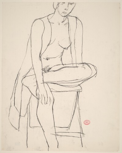 Untitled [seated nude with her shirt open crossing her leg]