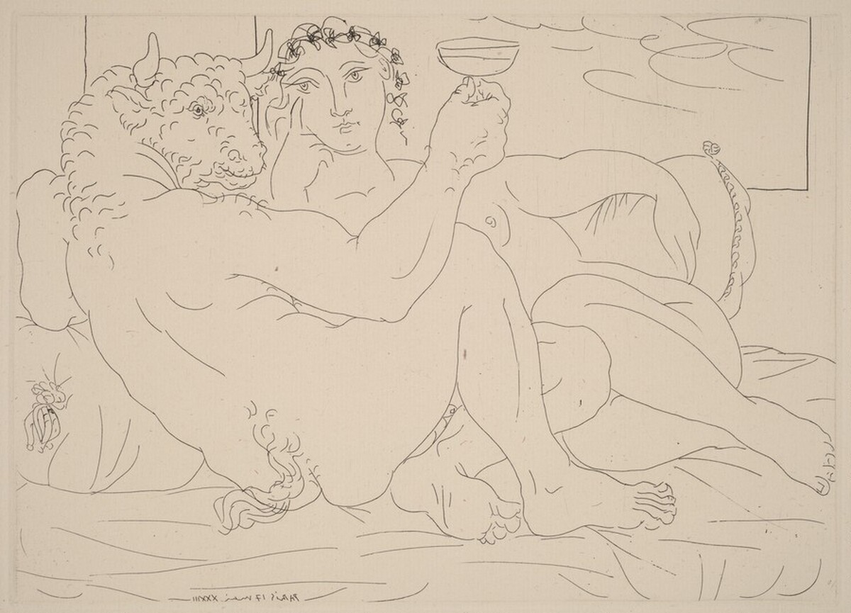 Minotaur with Chalice in Hand and Young Woman (Minotaure, une coupe a la main, et jeune femme) by Pablo Picasso