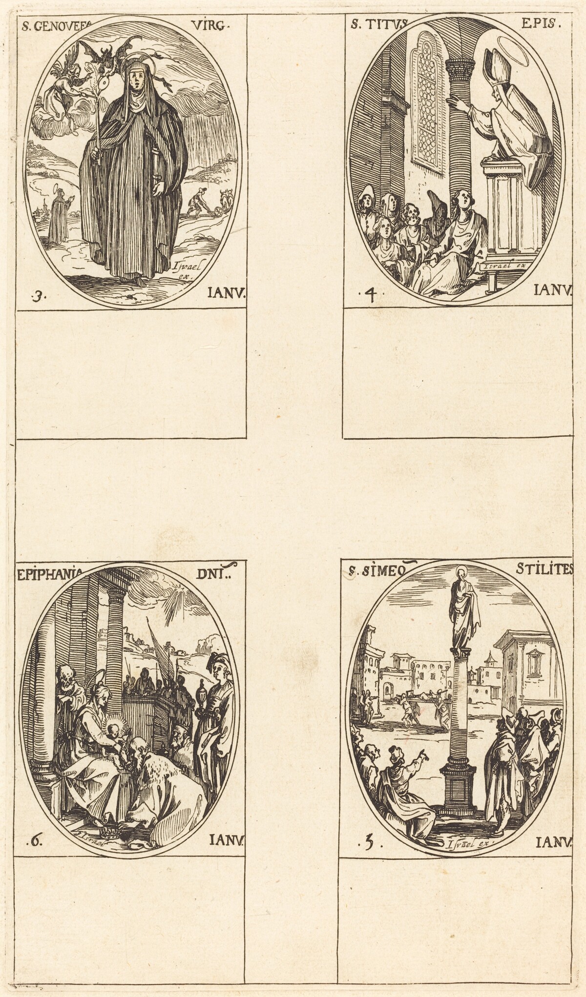 St. Genevieve; St. Titus; St. Simeon Stylites; Epiphany by Jacques Callot