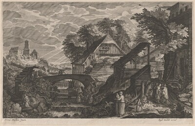 Farm Houses by a River with a City Beyond