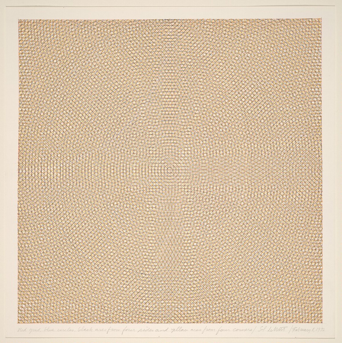Red Grid, Blue Circles, Black Arcs from Four Sides and Yellow Arcs from Four Corners by Sol LeWitt