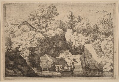 Skiff under a Cleft Rock