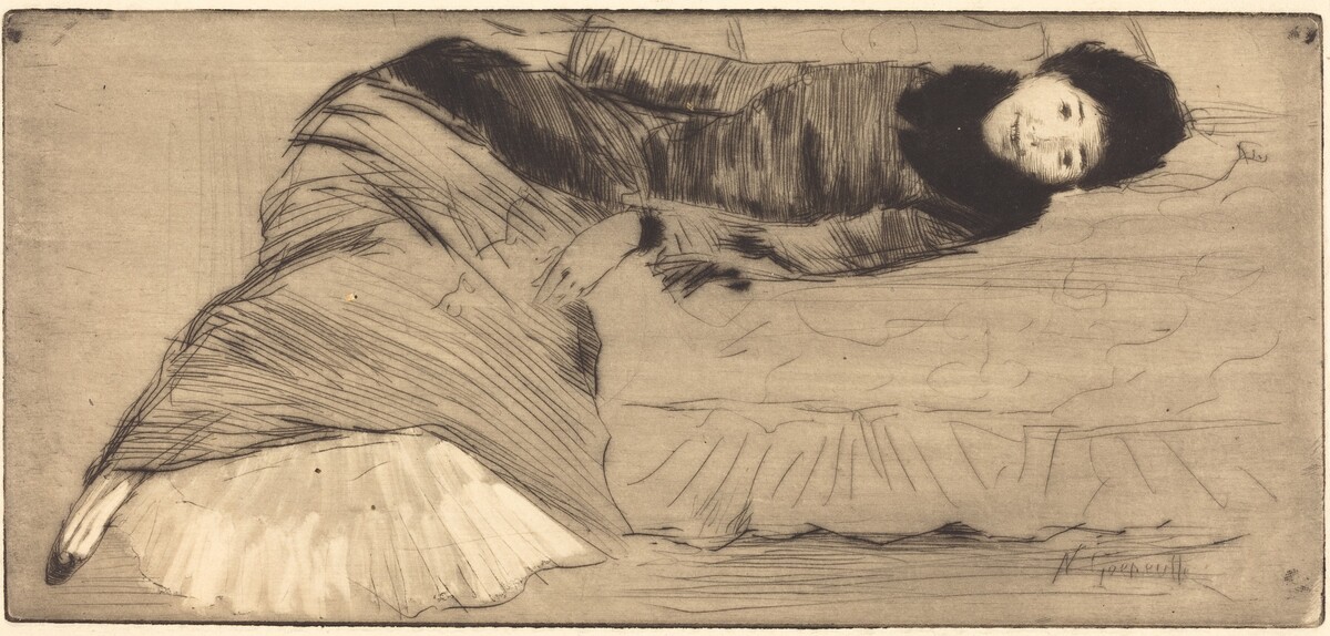 Smiling Woman Reclining on a Sofa (Femme souriant etendue sur un canape) by Norbert Goeneutte