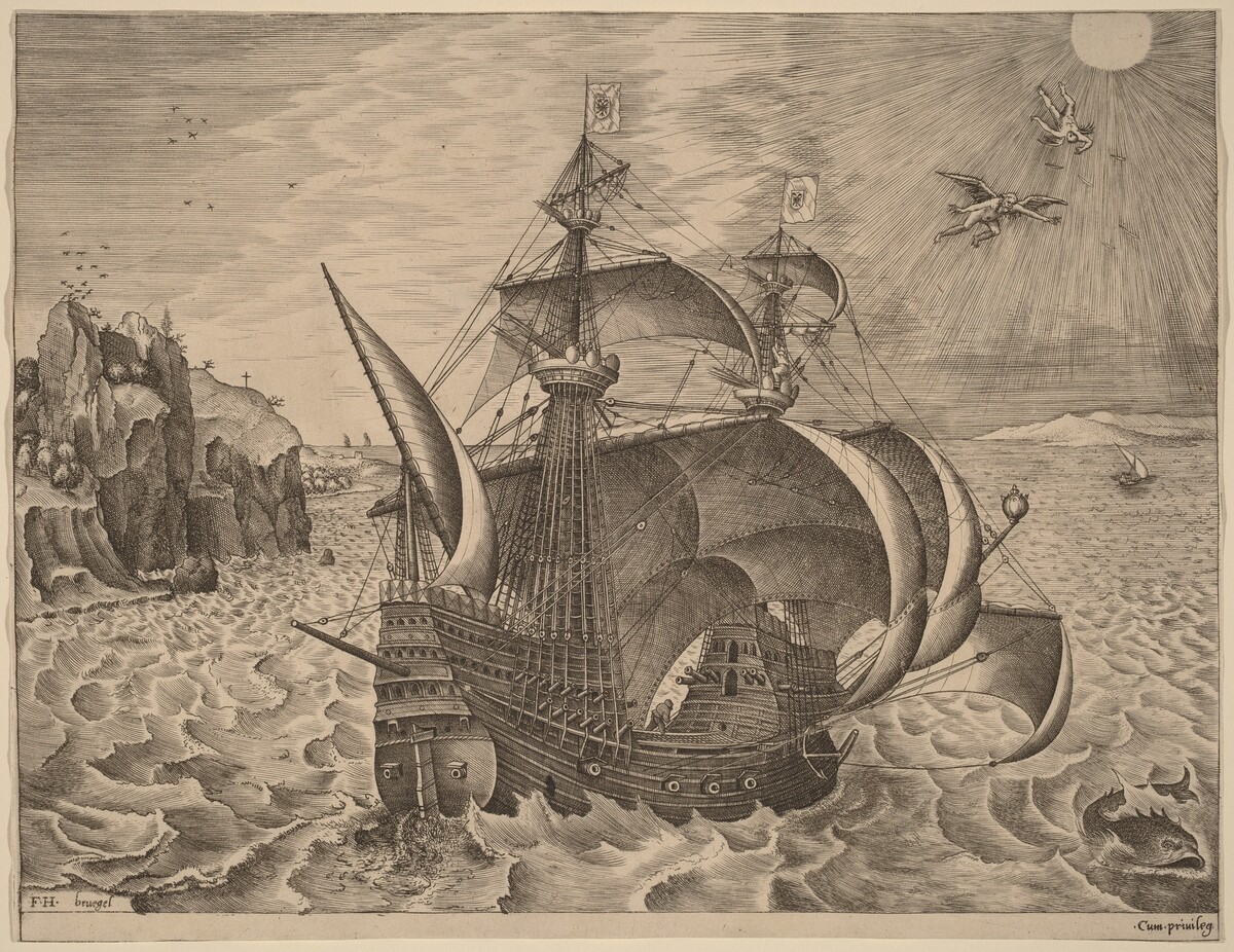 Armed Three-Master with Daedalus and Icarus in the Sky by Frans Huys after Pieter Bruegel the Elder