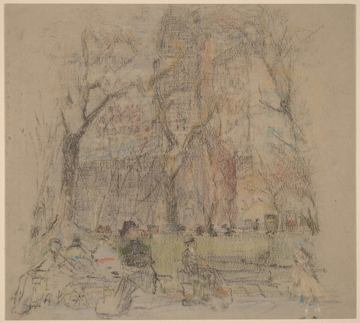 Untitled (Church and Figures on Park Benches) by John Marin