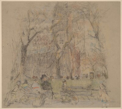Untitled (Church and Figures on Park Benches)