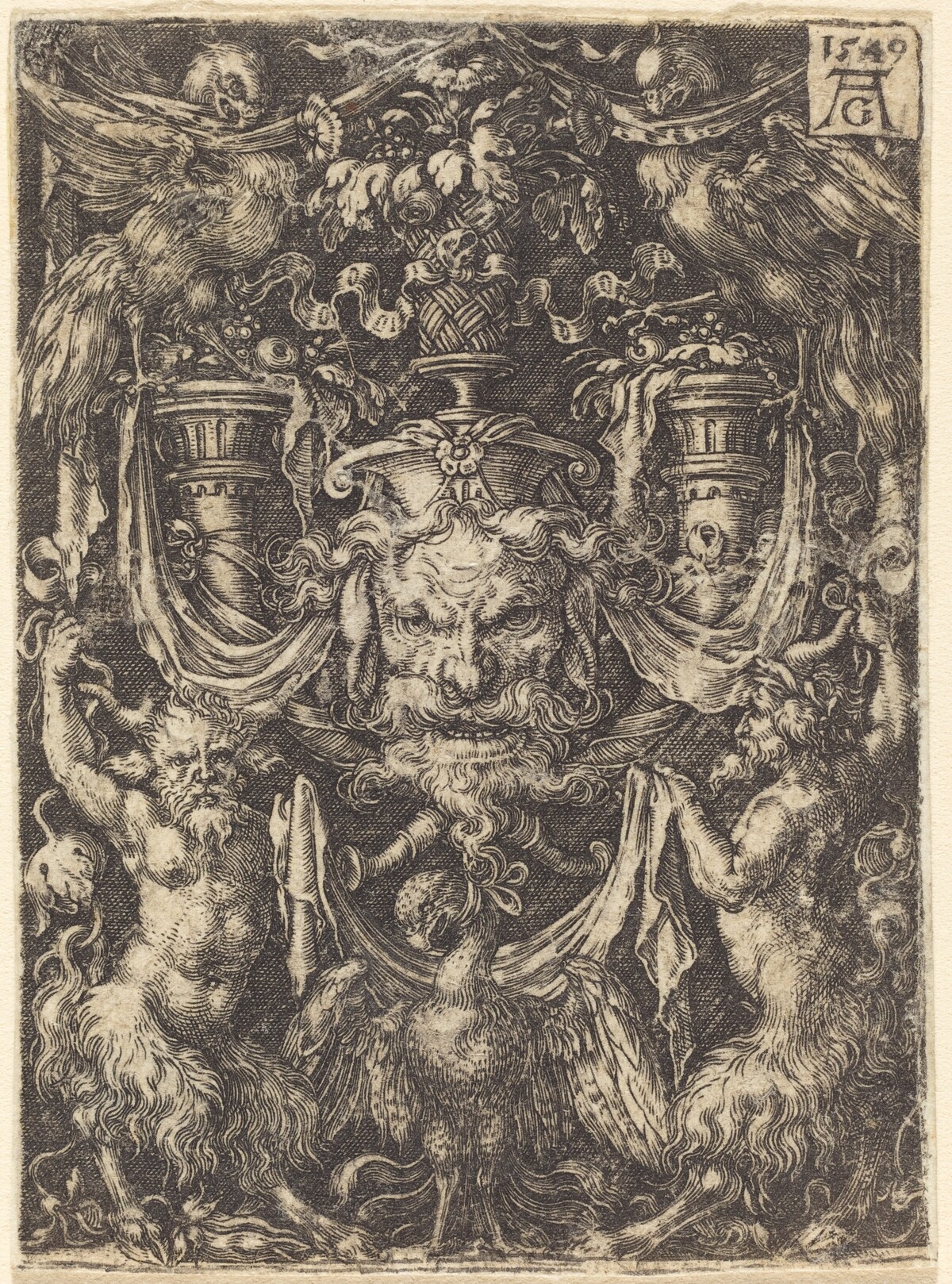 Ornament with Mask, Eagle between Satyrs Below by Heinrich Aldegrever