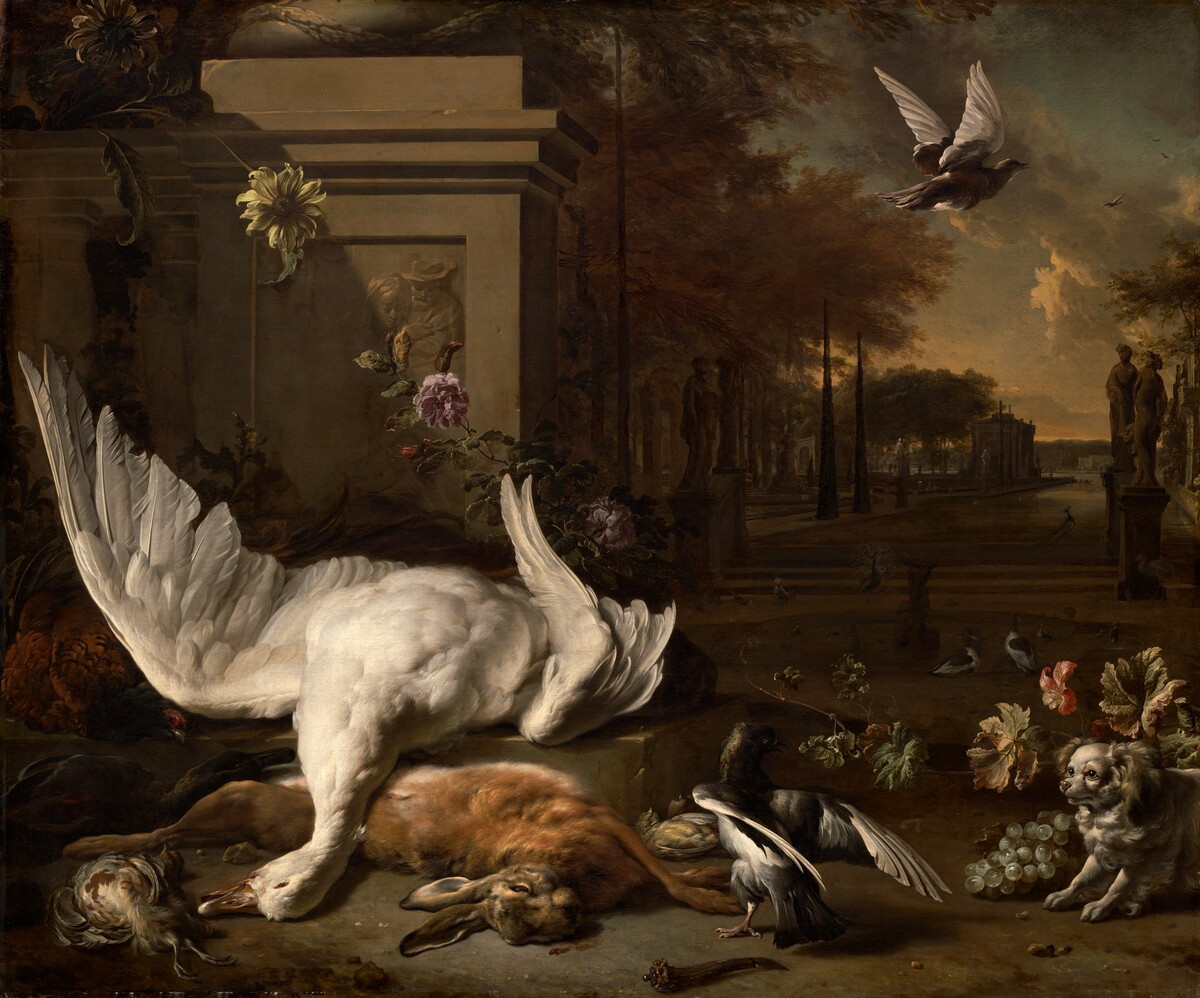 Still Life with Goose and Game before a Country Estate by Jan Weenix