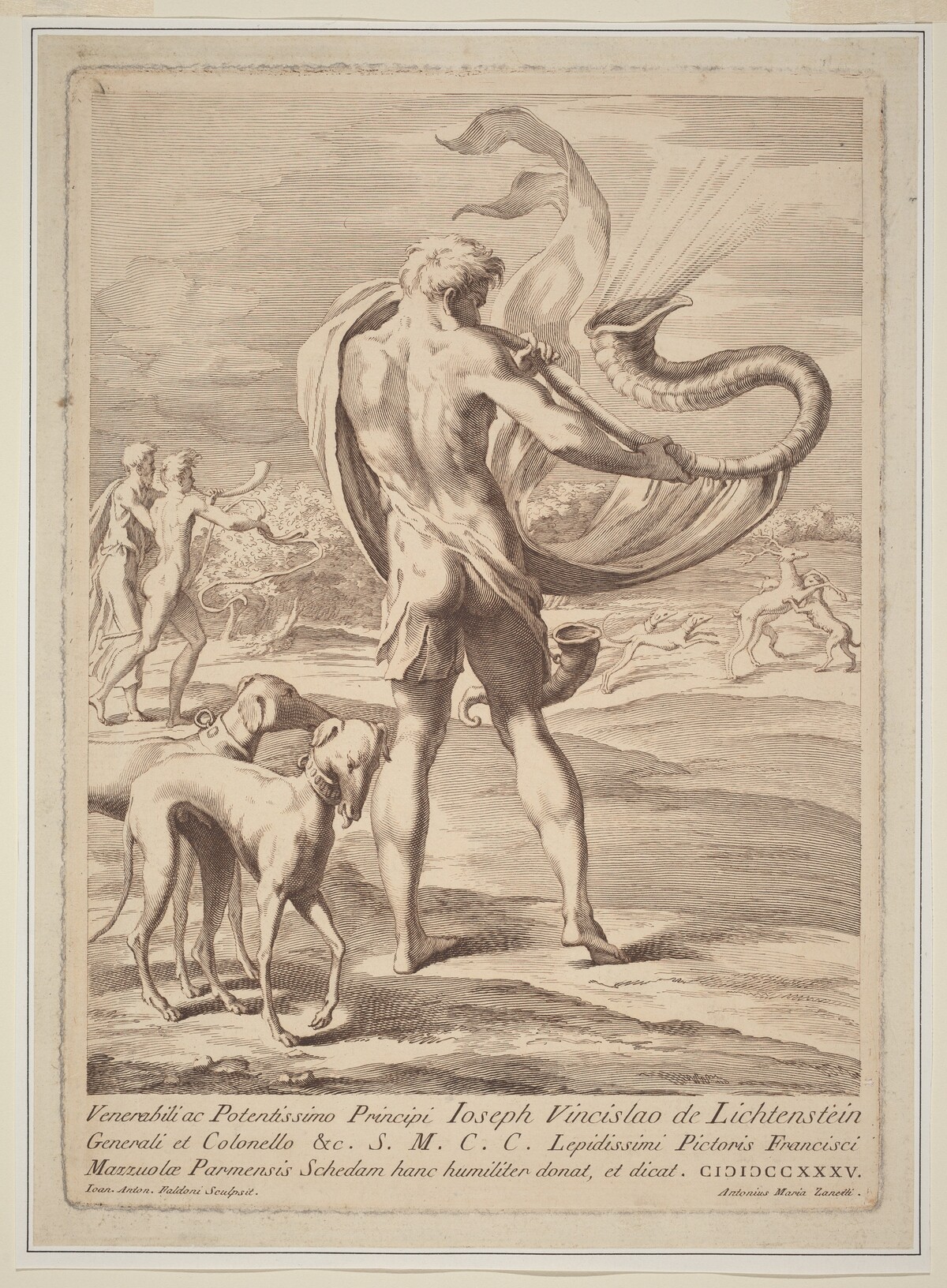 Nude Man Blowing a Conch by Giovanni Antonio Faldoni after Parmigianino
