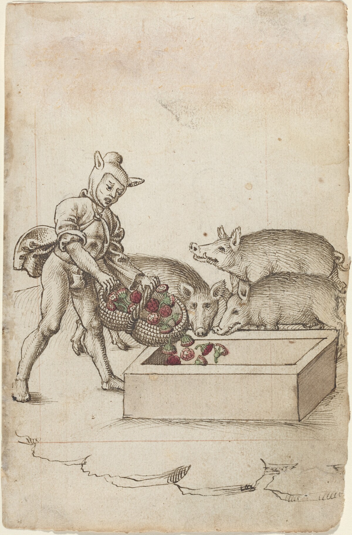 A Fool Feeding Flowers to Swine [fol. 42 recto] by French early 16th Century