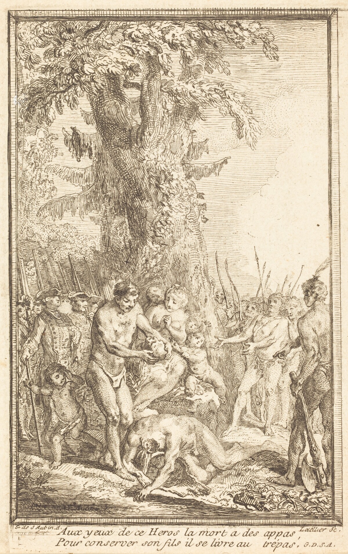 Heroic Act of a Father Who Sacrifices for His Son (Trait heroique d'un pere qui se sacrifie pour son fils) by Gabriel Jacques de Saint-Aubin and Charles Francois Le Tellier