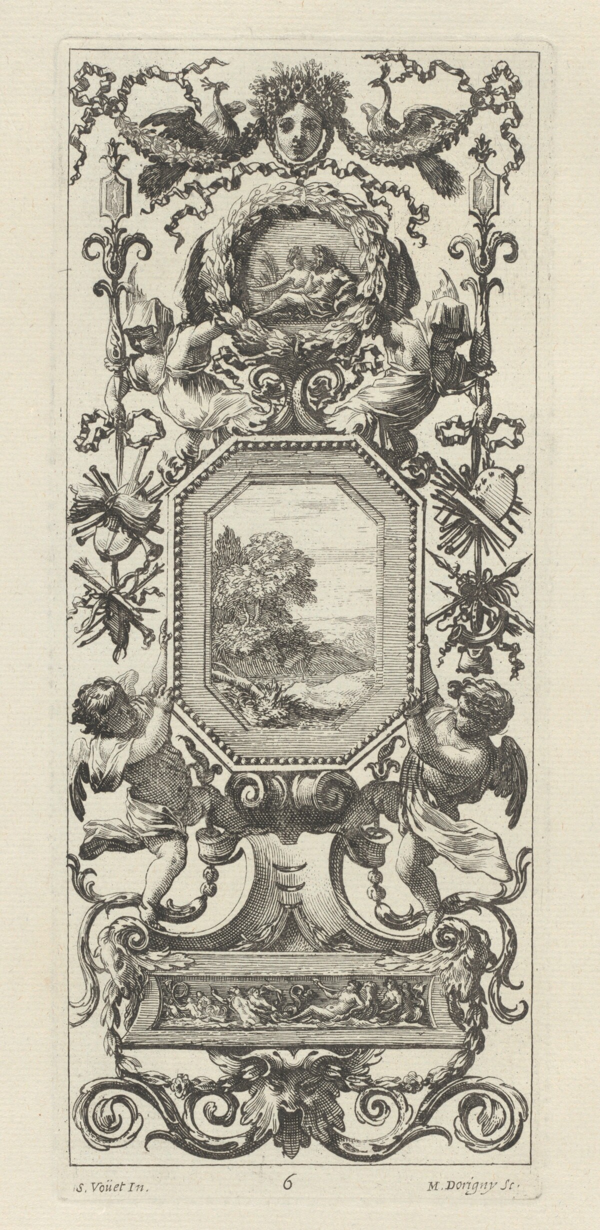 Ornamental Panel Surmounted by the Crowned Head of a Woman and Two Peacocks by Michel Dorigny, after Simon Vouet