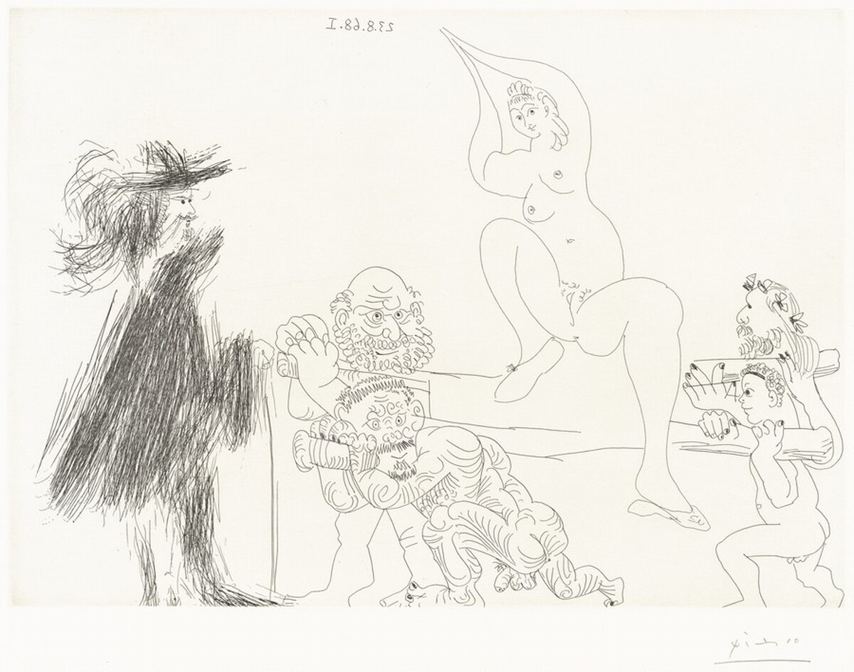 Four Porters Bringing a Young Woman on a Litter to a Gentleman by Pablo Picasso