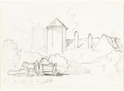 Sketch of Buildings with Cart and Horses in Foreground