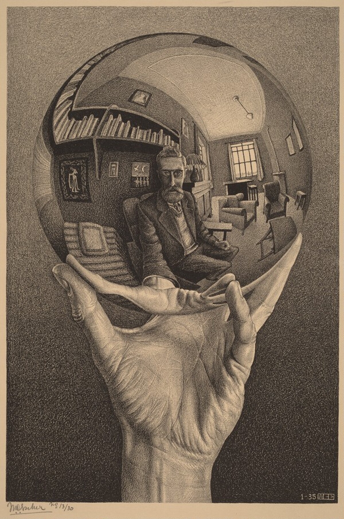 Hand with Reflecting Sphere by M.C. Escher
