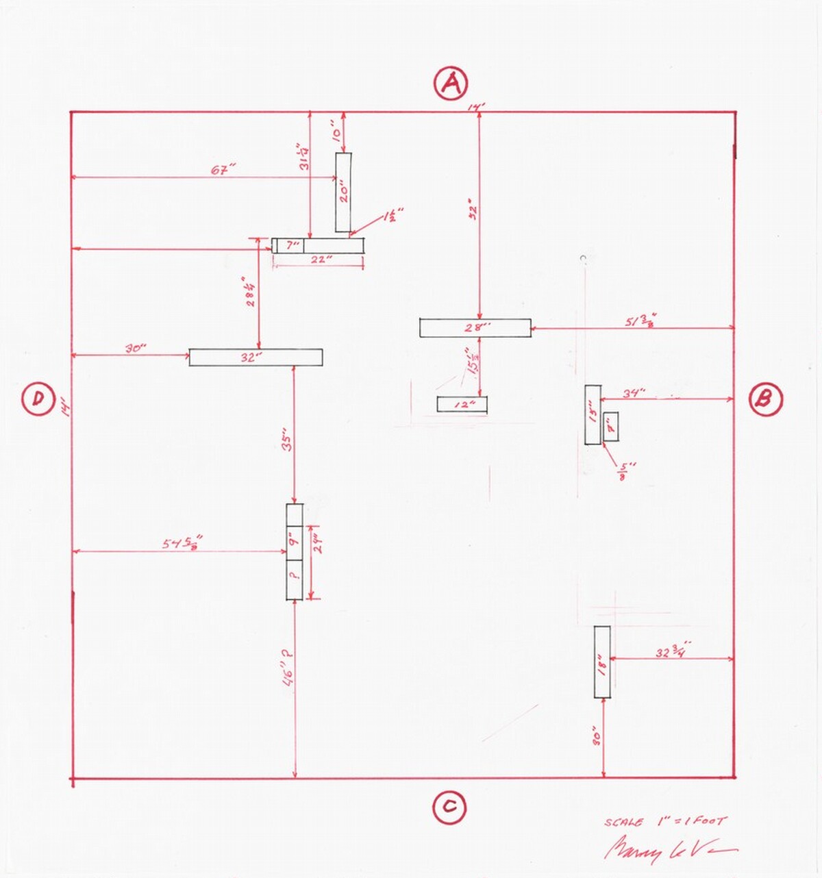 Equal Quantities: Placed or Dropped In, Out, and On in Relation to Specific Boundaries (diagram 1) by Barry Le Va