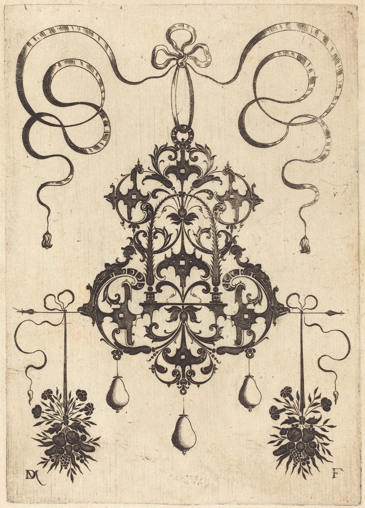Large Pendant, Lower Left and Right Two Bunches of Grass, Flowers, and Fruit by Daniel Mignot