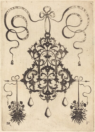 Large Pendant, Lower Left and Right Two Bunches of Grass, Flowers, and Fruit