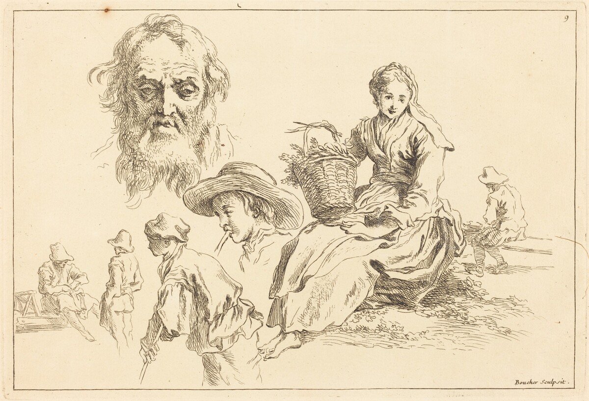 Figure Studies including Bearded Face of an Old Man by François Boucher after Abraham Bloemaert