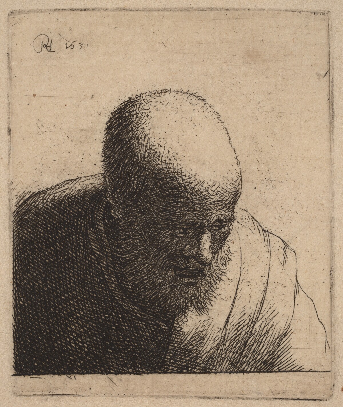 Bald Man with Open Mouth, Looking Down by Rembrandt van Rijn and Studio of Rembrandt van Rijn