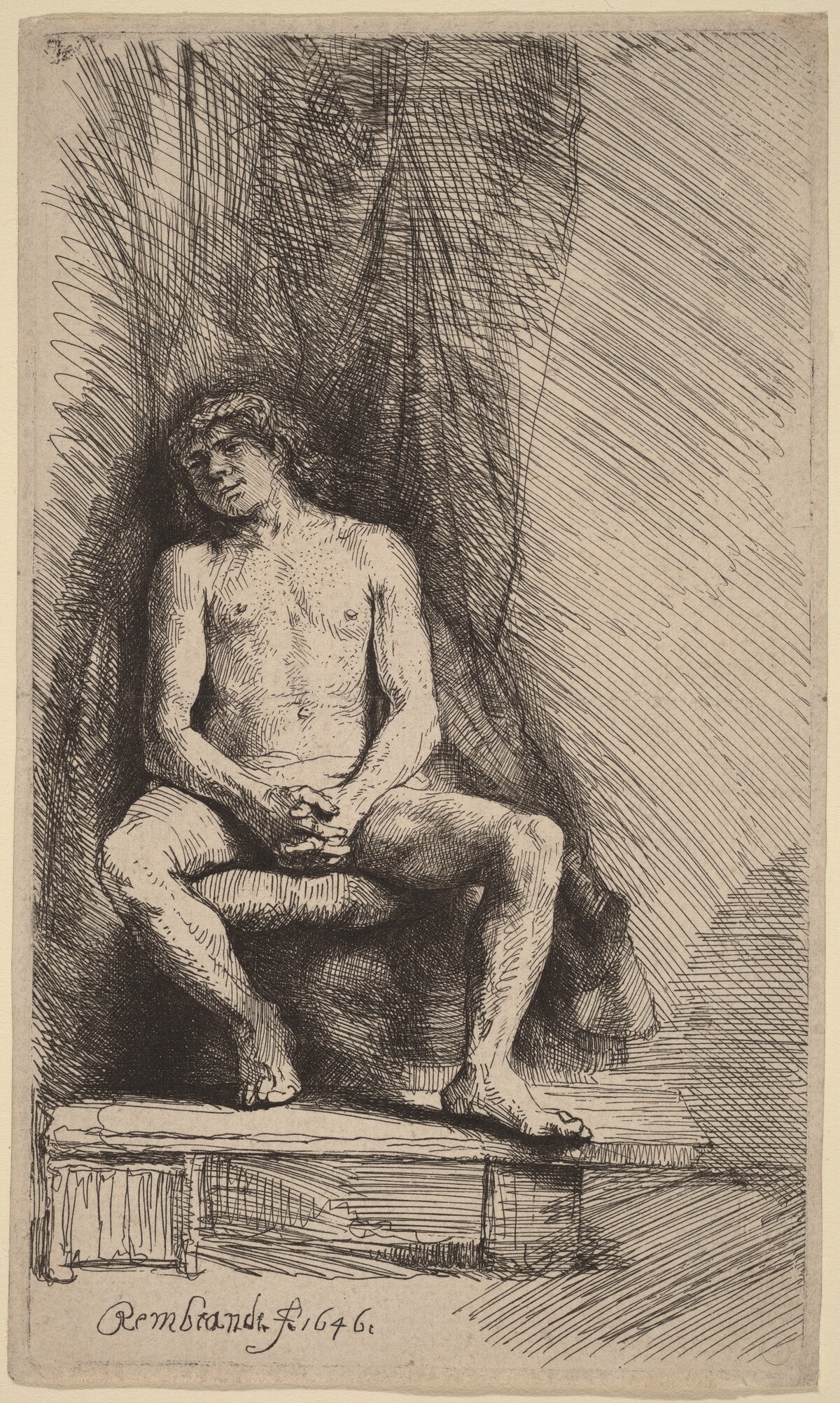 Nude Man Seated before a Curtain by Rembrandt van Rijn