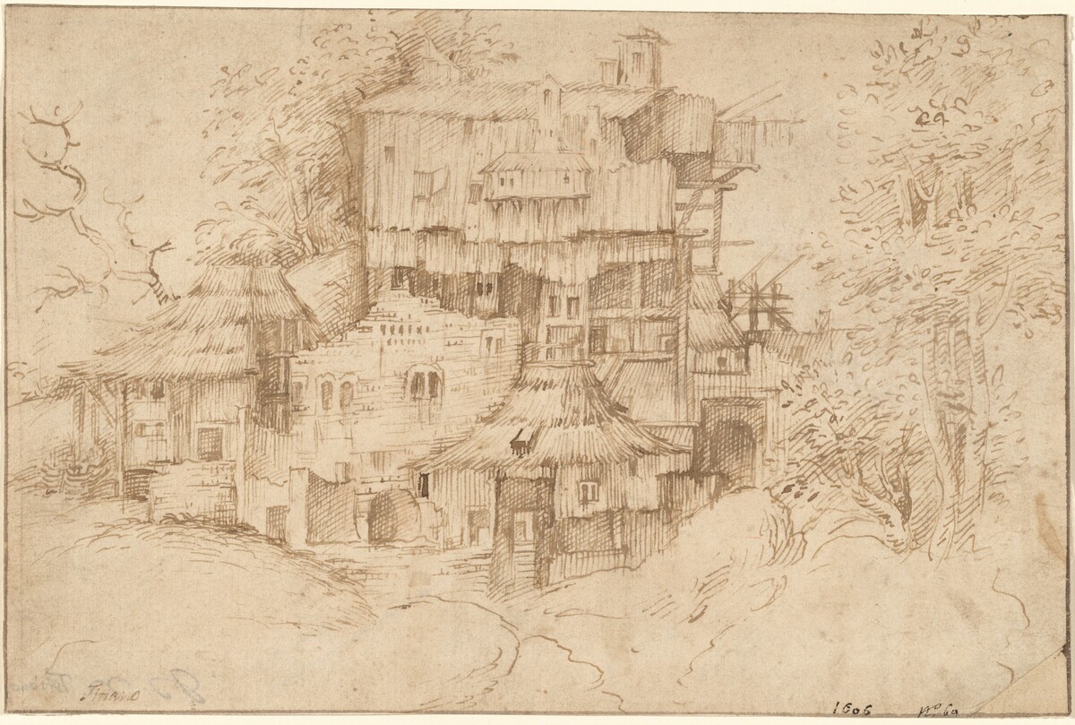 A Complex of Rustic Houses Built Over Ruins by Circle of Giorgione (Giulio Campagnola?)