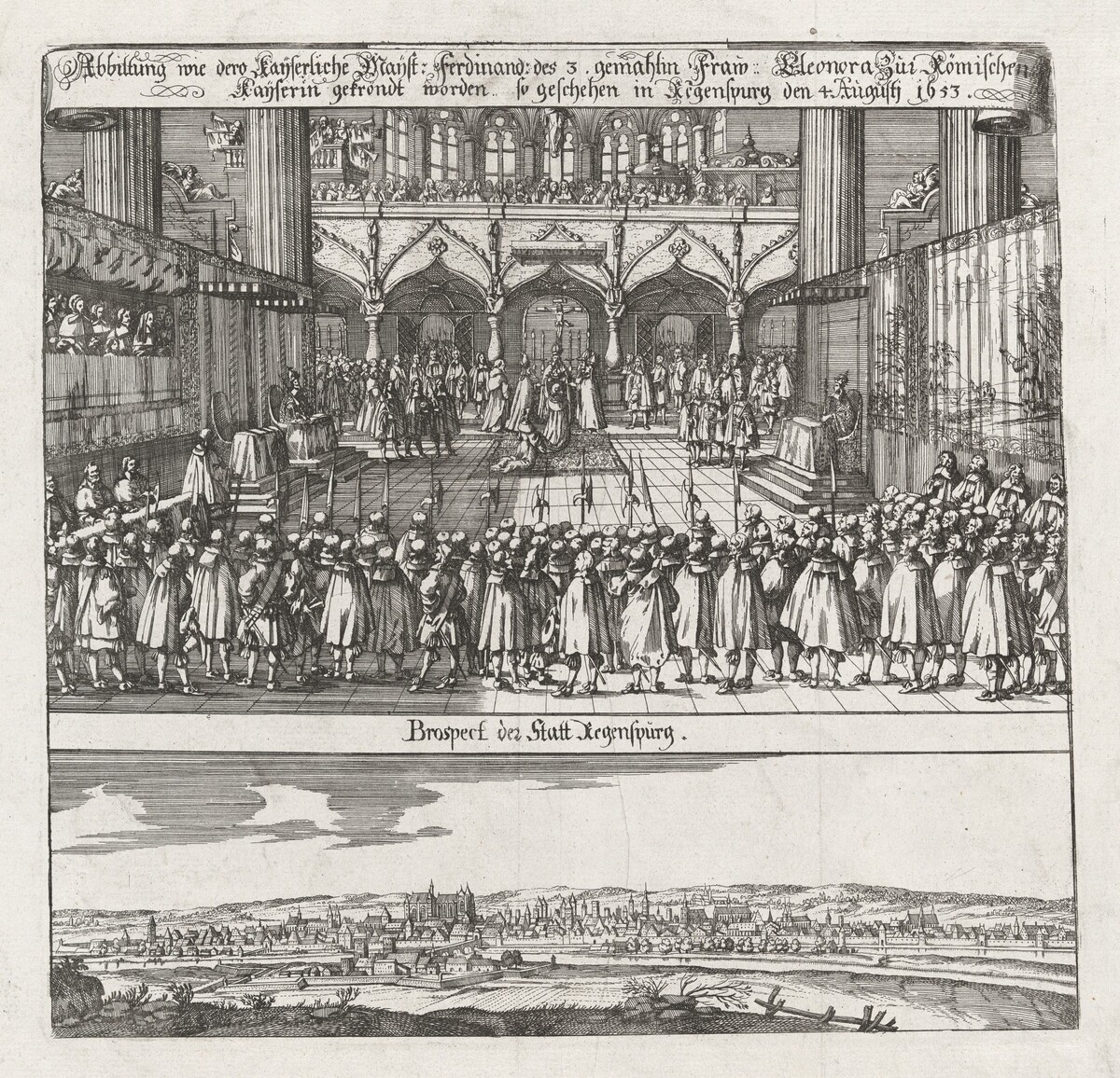 Krönung von Eleonora von Gonzaga, Gemahlin Kaiser Ferdinands III., zur Römisch-Deutschen Kaiserin ; Ansicht von Regensburg (Coronation of Eleonora von Gonzaga, wife of Emperor Ferdinand II, as Empress, with a View of Regensburg) by German 17th Century