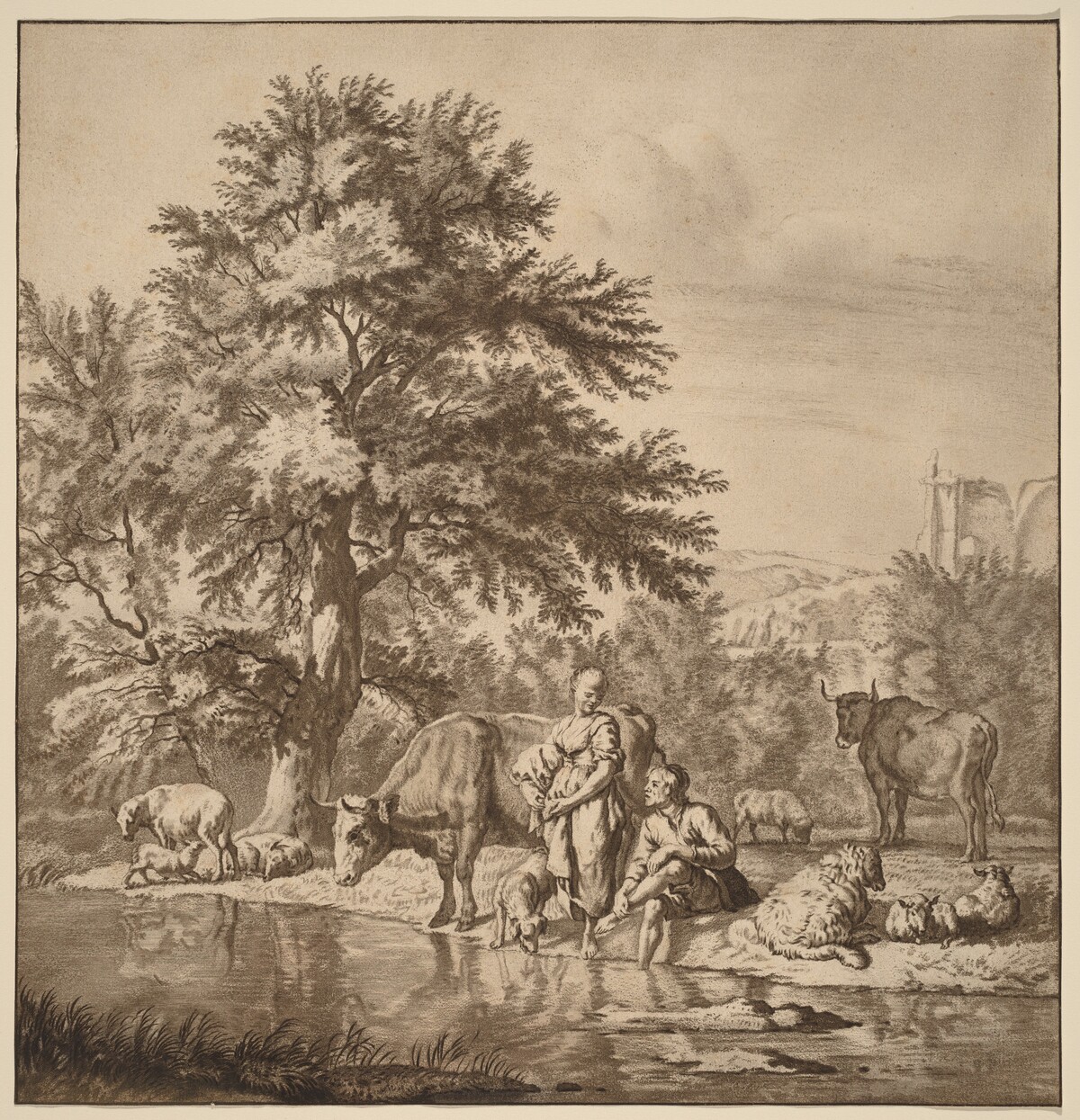 Shepherd and Shepherdess with Their Flock by Cornelis Ploos van Amstel after Adriaen van de Velde