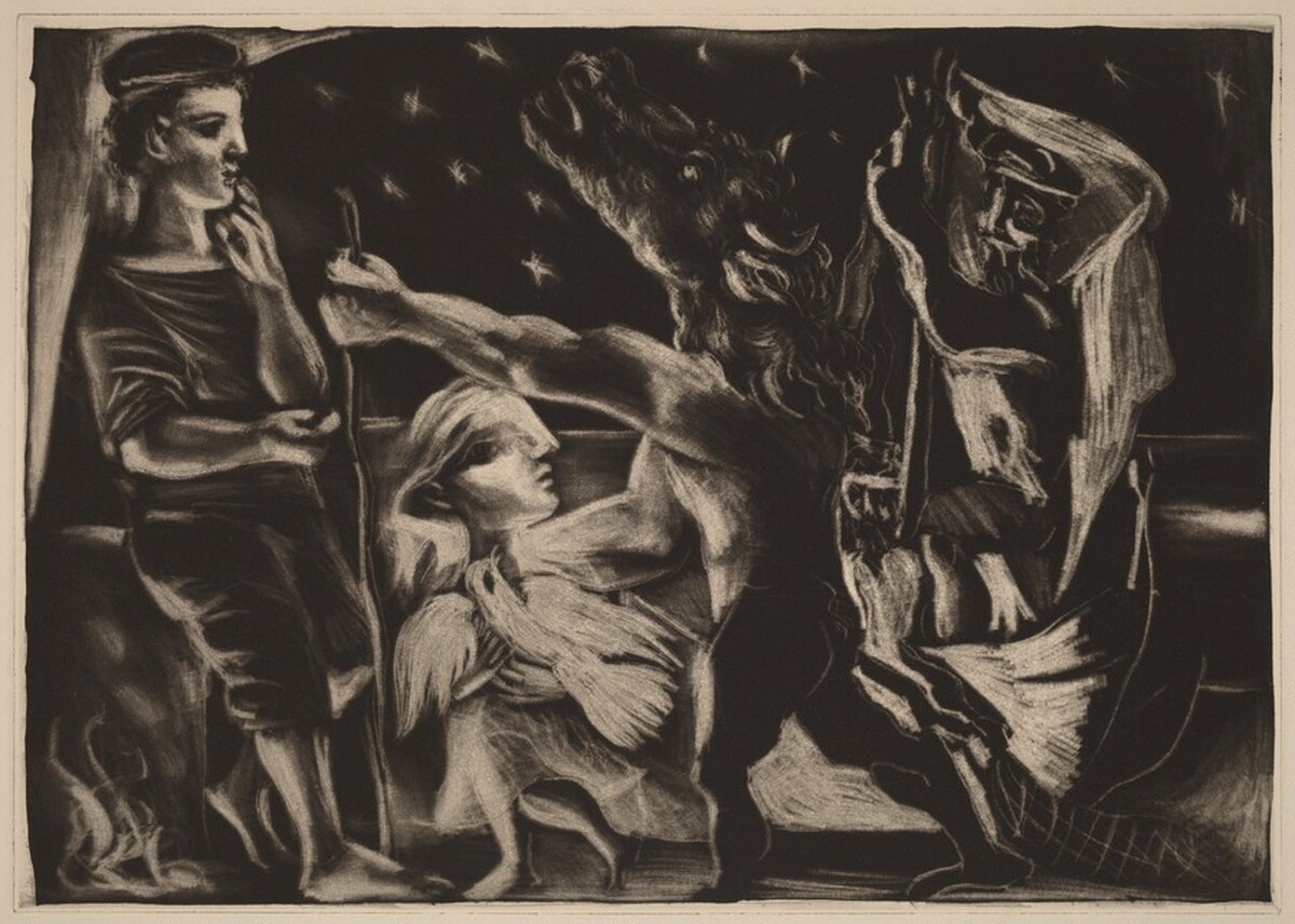 Blind Minotaur Led by Marie-Thérèse with a Dove in a Starry Night (Minotaure aveugle guidé par Marie-Thérèse au pigeon dans une nuit étoilée) by Pablo Picasso