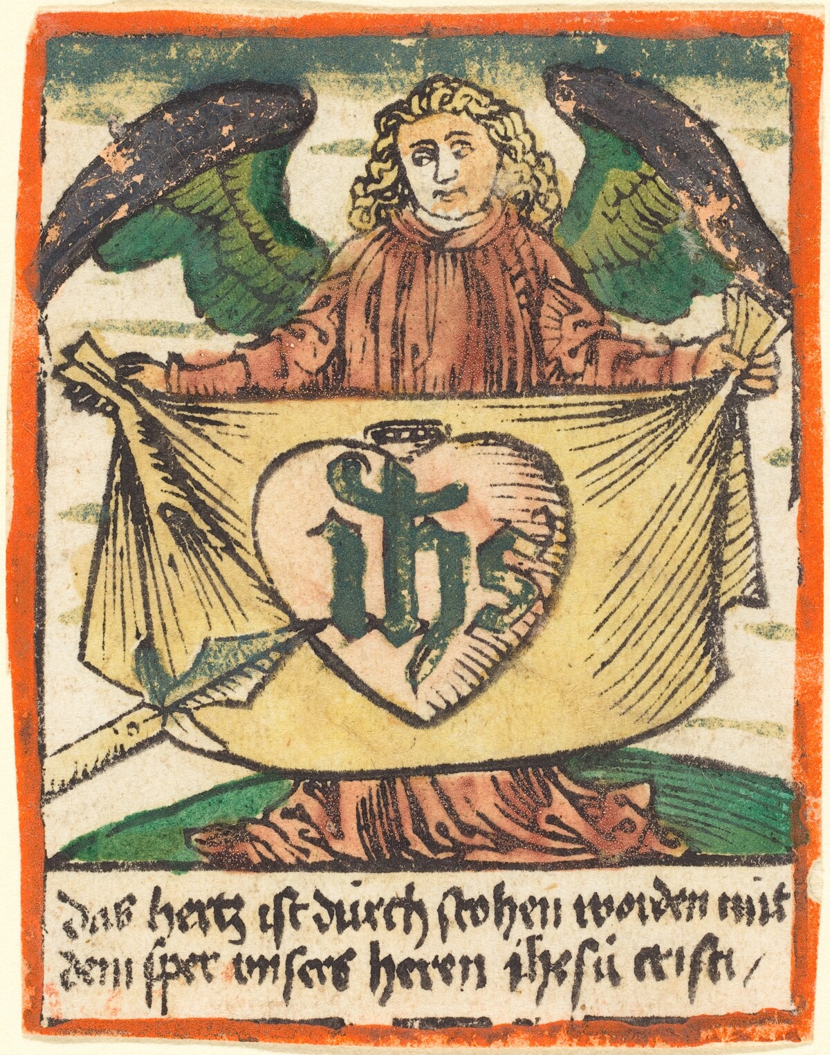 Sacred Monogram in a Sacred Heart on a Cloth Held by an Angel by German 15th Century