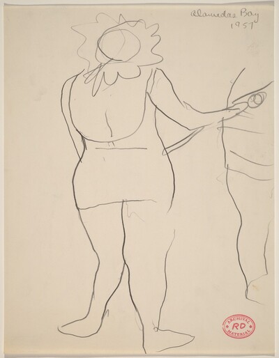 Untitled [back view of a standing woman in a frilled hat]