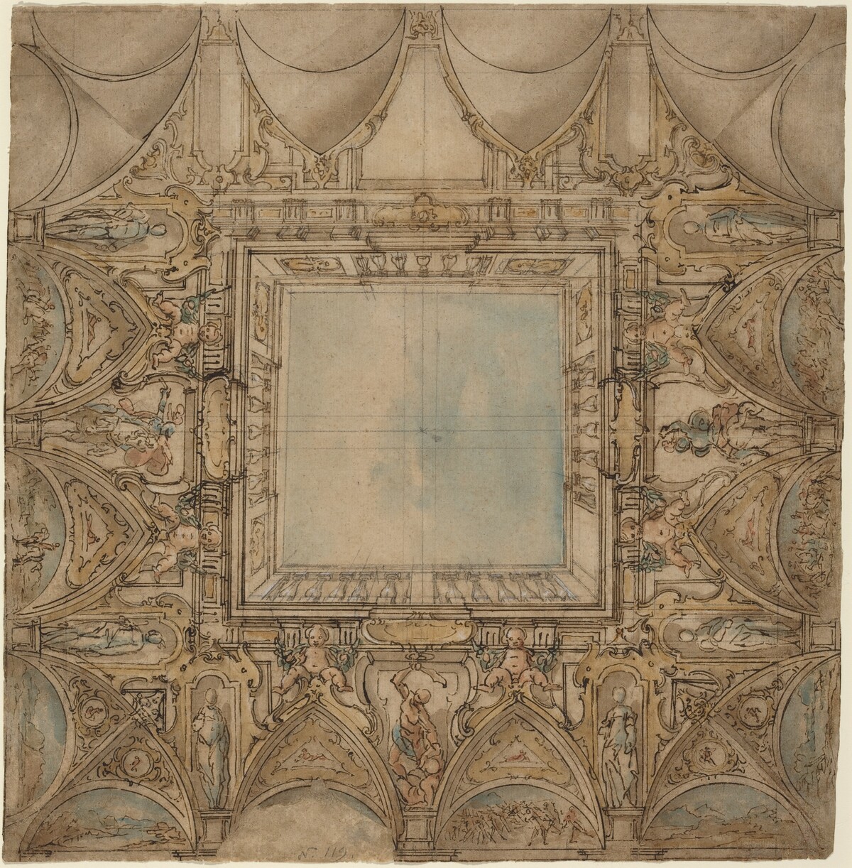 A Ceiling Decoration with Landscapes and Battles by Lazzaro Tavarone