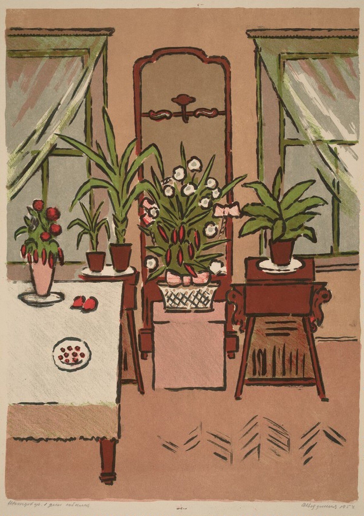 Interior with Green Plants by Alexander Semenovich Verdernikov