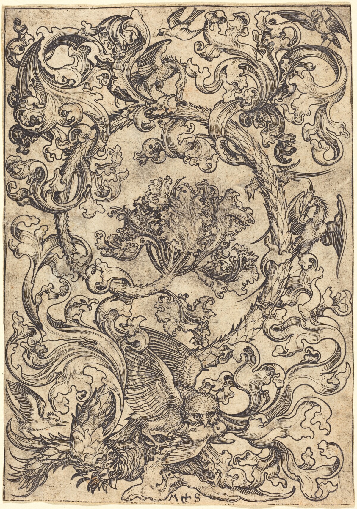 Ornament with Owl Mocked by Day Birds by Martin Schongauer