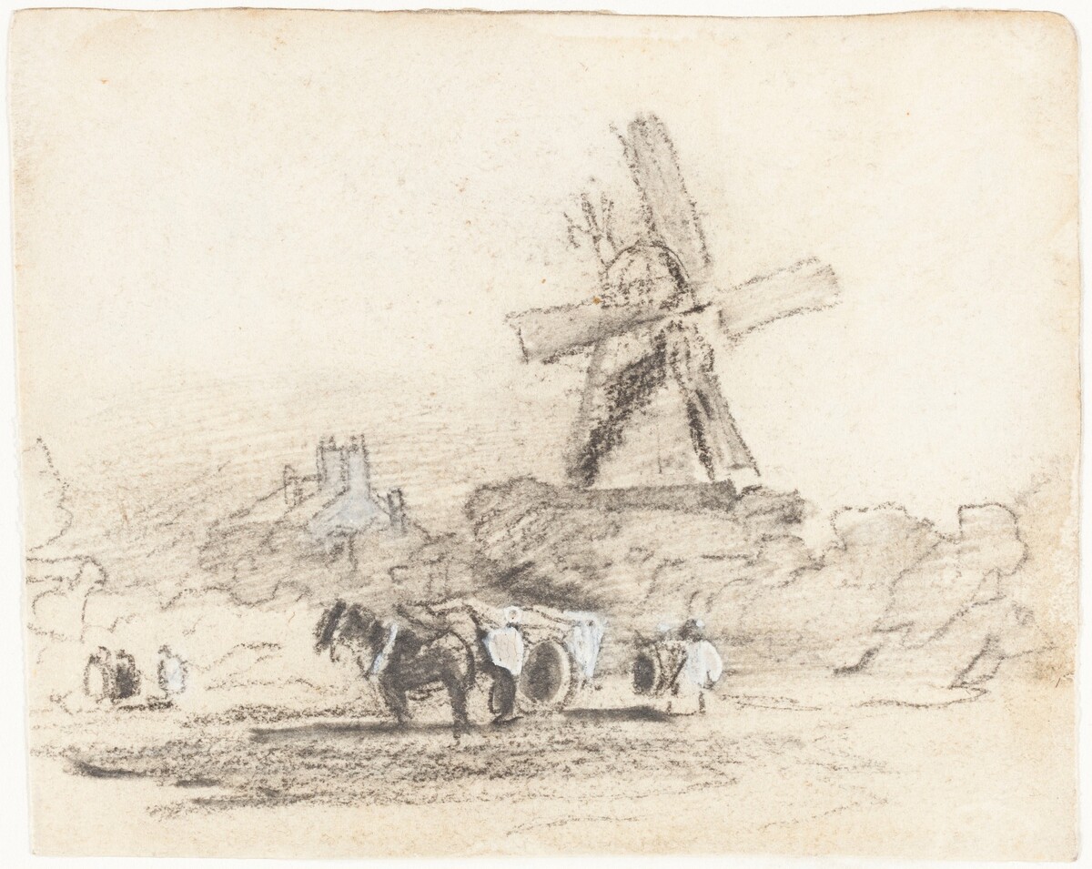 A Cart with Two Horses near a Windmill by David Cox