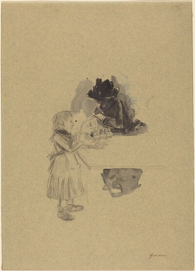 A Beggar Girl Selling Flowers to a Woman