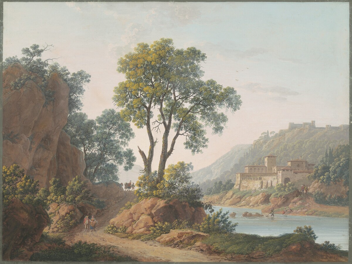 River Landscape with Castles and Travelers by Baron Louis-Albert-Guillain Bacler d'Albe