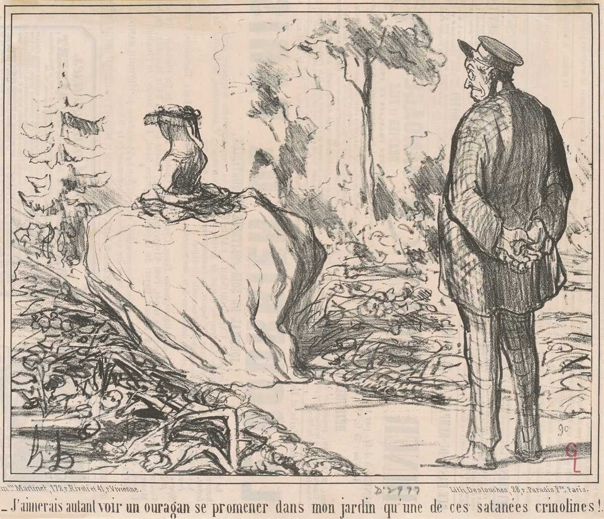 J'aimerais autant voir un ouragan se promener dans mon jardin qu'une de ces satanées crinolines! by Honoré Daumier