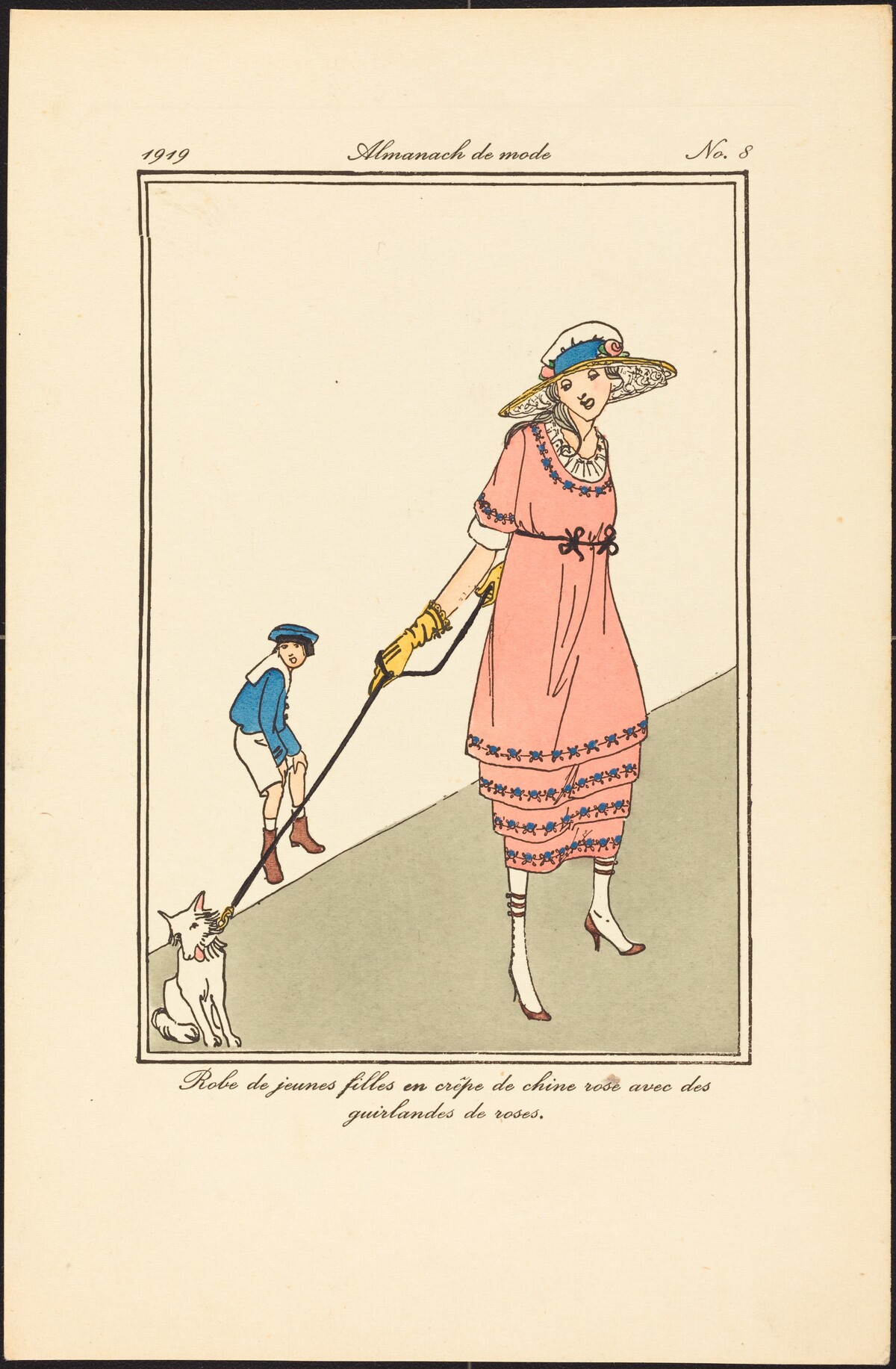 Robe de jeunes filles en crêpe de chine rose avec des guirlandes de roses. by French 20th Century