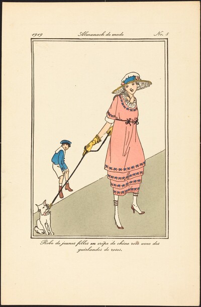 Robe de jeunes filles en crêpe de chine rose avec des guirlandes de roses.