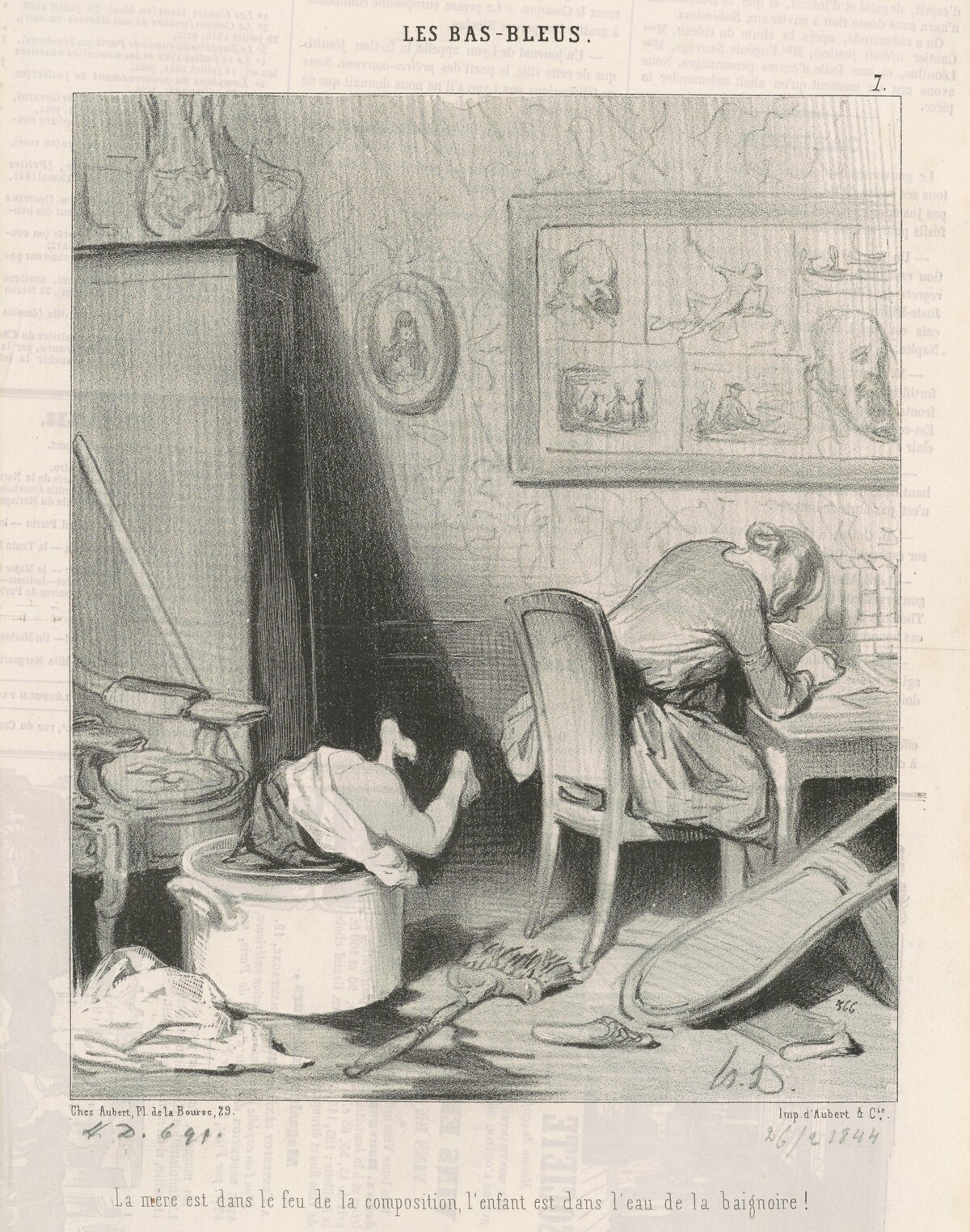 La mère dans le feu de la composition, l'enfant est dans l'eau de la baignoire! by Honoré Daumier