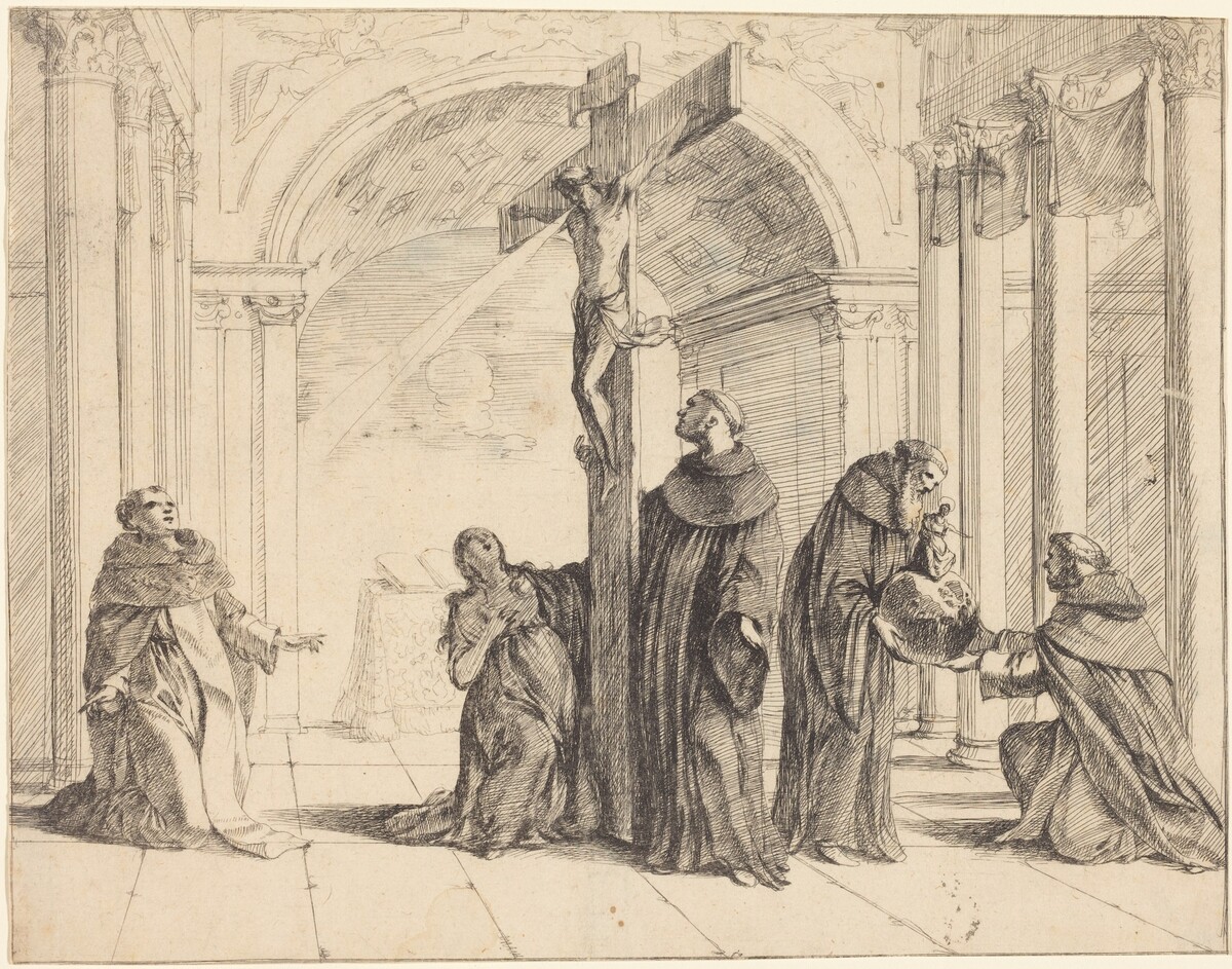 A Crucifix in a Church with Saints Thomas Aquinas, Mary Magdalene, Albertus Magnus, and Others by Johann Heinrich Schönfeld