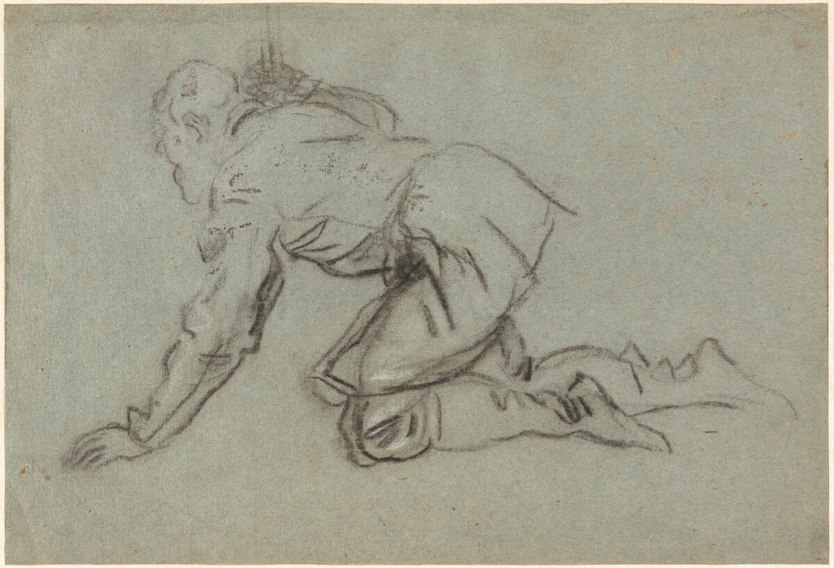 A Kneeling Man Holding a Staff [recto] by Jacopo Tintoretto