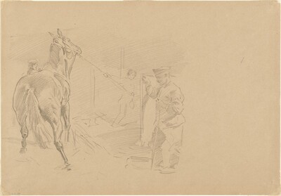 Man Pulling a Horse into a Stall