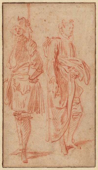 Two Standing Soldiers, One Wearing a Hat