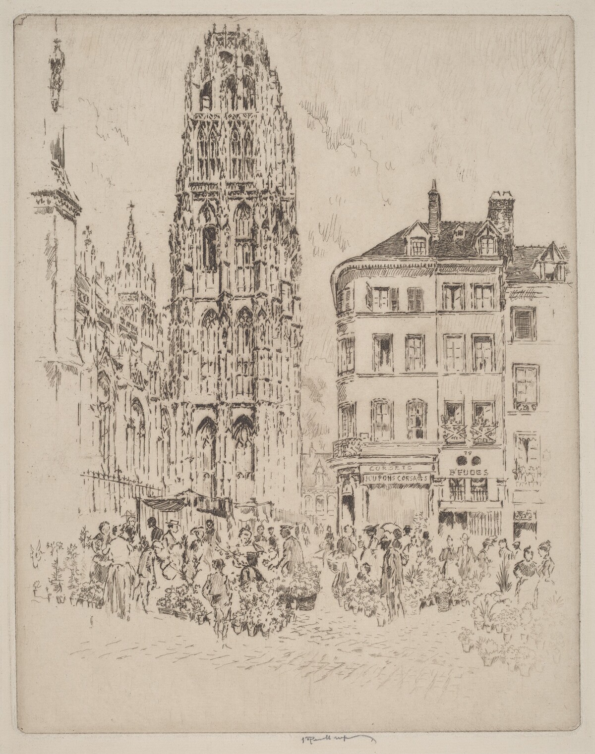 Flower Market and Butter Tower, Rouen by Joseph Pennell