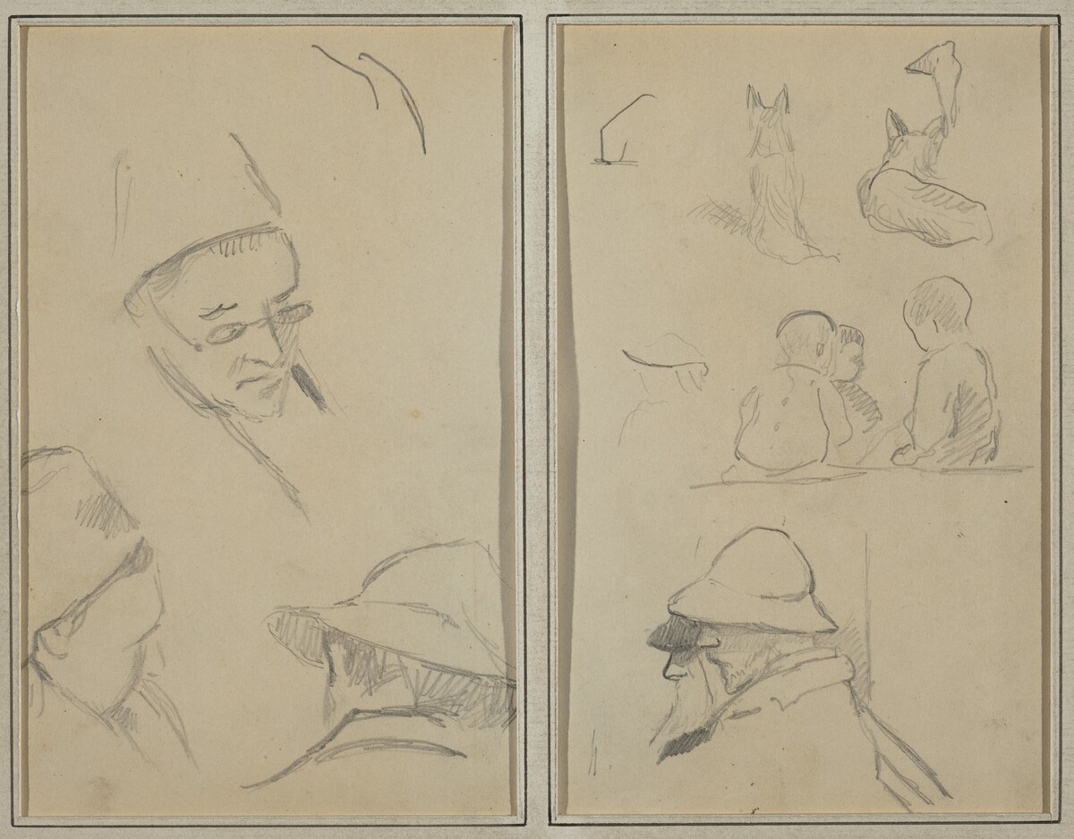 Three Studies of Men's Heads, One with Spectacles; Dogs, Children, and Two Bearded Men in Profile [verso] by Paul Gauguin