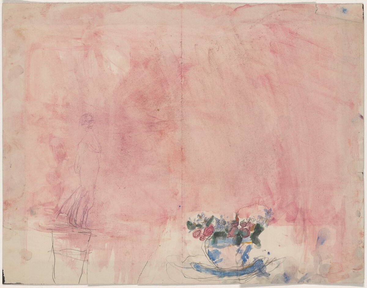 The Pink Salon: Still Life with a Statue and Vase of Flowers by Julie Manet